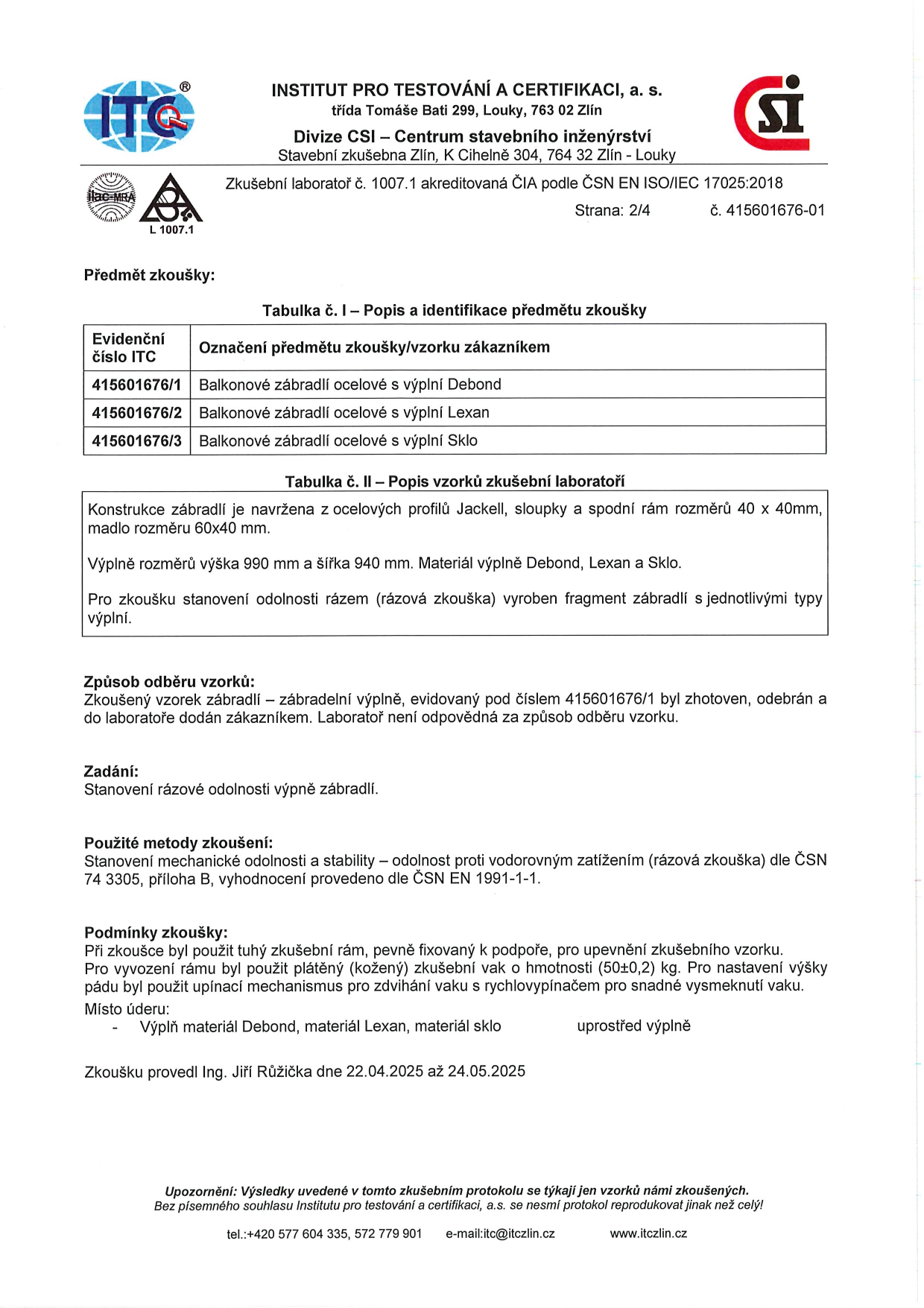 Náhled certifikátu k balkonovému systému